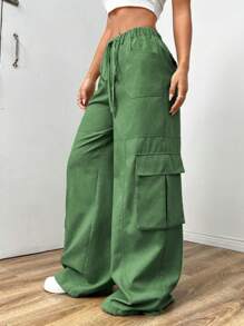 SHEIN EZwear Ladies" Plain Drawstring Waist Wide-Leg Cargo Pants With Loose Fit