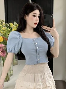 Dazy Designer Women Denim Bubble Sleeve Top With Square Neck And Unique Design - Light Wash - View 2