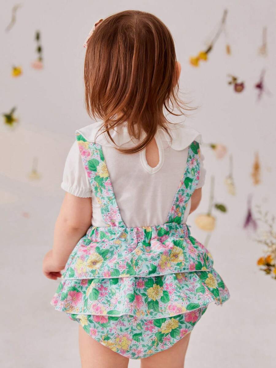 SHEIN Bộ 2 món dành cho bé gái mới biết đi, phong cách mới mùa hè với cổ lá sen, ren nhiều lớp, trang phục thường ngày cổ điển và dễ thương lãng mạn và tuyệt đẹp - Nhiều màu - Xem 1