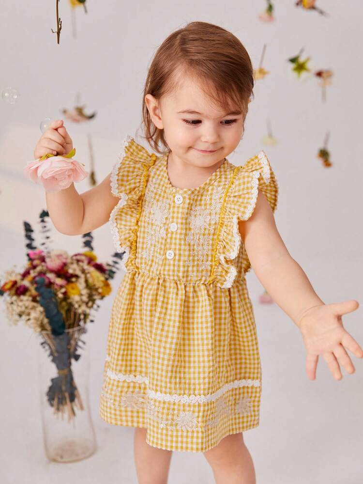 Baby Girl Lotus Leaf Edged Flower Embroidery Checked Short Sleeve Dress With Bow Tie Headscarf, Elegant, Comfortable And Perfect For Vacation In Spring And Summer