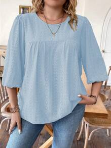 SHEIN LUNE Áo thun nữ dài tay cỡ vừa sành điệu màu trơn - Màu xanh lam - Xem 3