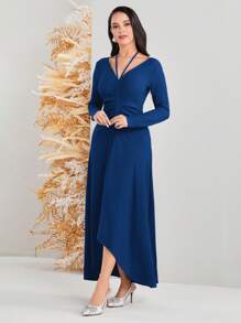 Modelyn Women Solid Color Drawstring Pleated Halter Neck Dress Long Evening Dresses - Royal Blue - View 4