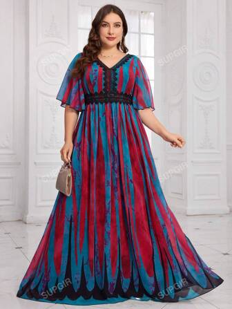 Plus Size V-hals Random Tie Dye Contrast Kant Korte Mouw Hoge Taille Maxi Jurk, Lente/Zomer