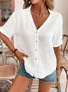 SHEIN Frenchy Áo sơ mi nữ tay ngắn cổ chữ V màu trơn - trắng - Xem 4