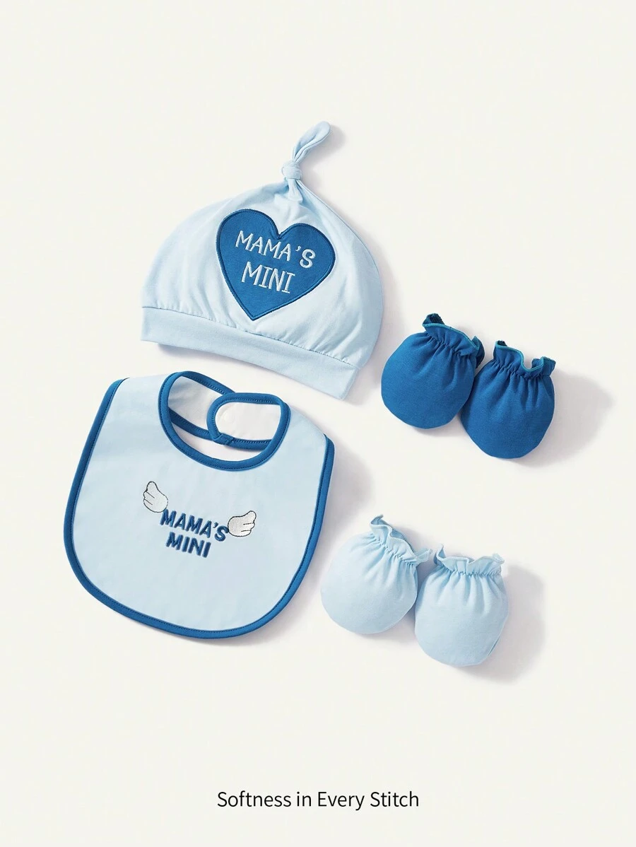 1pc Embroidered Heart Mother's Day Soft & Comfortable Baby Hat With 1 Bib And 2 Pairs Of Gloves - Blue - View 1