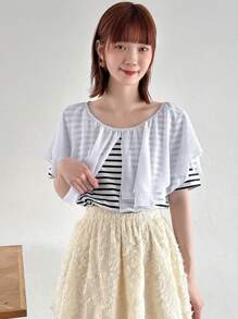 FRIFUL Camiseta de rayas con cuello con volantes de moda para mujeres