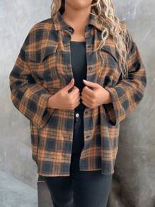 EMERY ROSE 大尺碼格紋長袖下肩休閒襯衫 - 黑色 - 查看 3