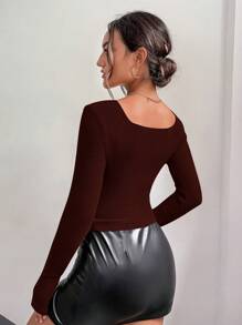 RosyDaze Spring/Autumn Solid Color Casual Square Neck Slim-Fit Long Sleeve Sweater, Knit Pullover Fall Winter - Coffee Brown - View 2