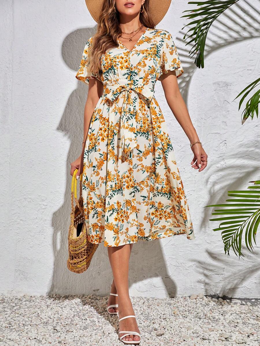 SHEIN Tall Floral Print Butterfly Sleeve Dress With Waist Belt