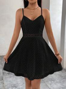 Firerie Wedding Journal Lace Splice Women Solid Color Sleeveless Dress With Lace Hem - Black - View 3