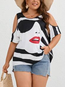 SHEIN LUNE Áo thun mùa hè tay lỡ họa tiết đầu hình học cỡ lớn - Đen và trắng - Xem 6