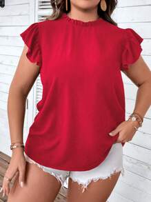 SHEIN Clasi 大尺碼純色荷葉邊日常穿著襯衫 - 紅色 - 查看 4