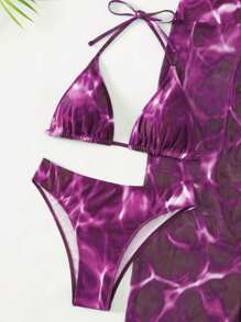 Swim Vcay Bộ bikini cổ yếm đi biển mùa hè dành cho nữ & Váy che chắn có in hình ngẫu nhiên - Màu tím - Xem 4