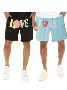Surfspeed Men's Elastic Waist Beach Shorts With Letter & Flower Print - Multicolor - View 1