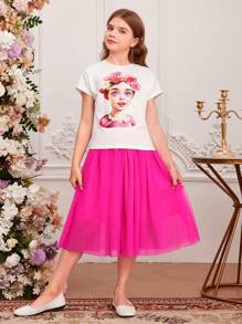 SHEIN Tween Girl Spring/Summer Knitted Round-Neck Short Sleeve Tee With Portrait Print And Mesh Skirt Set - Multicolor - View 5