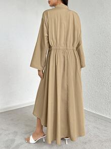 Seusyu فستان نسائي بتصميم بسيط وبألوان موحدة مع حزام للزينة - كاكي - مشاهدة 2