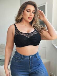 Plus Size Women's Lace Bra With Underwire - Black - View 4