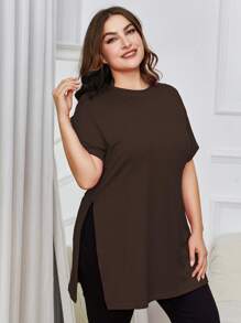 INAWLY Kích thước lớn NỮ Mùa hè Màu thuần Vòng cổ Ngắn tay Giải trí Áo thun Với Bên Viền mép - Cà phê nâu - Xem 1