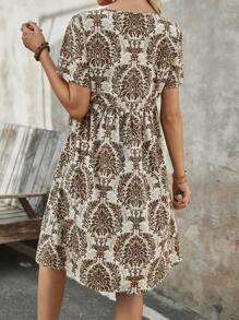 EMERY ROSE Women's Summer All-Over Print V-Neck Short-Sleeve Dress - Khaki - View 2