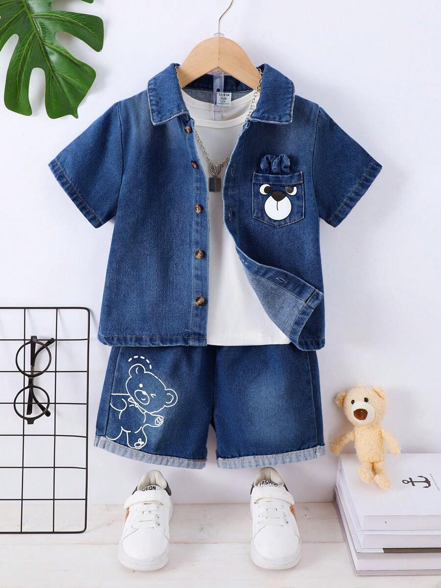 SHEIN 2pcs Young Boy Casual Printed Turn-Down Collar Shirt And Denim Shorts Set,Holiday,Summer,Travel - Dark Wash - View 1
