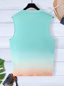 Manfinity Chillmode 男士休閒無袖圓領度假風格背心，藍綠色熱帶圖案沙灘上衣 - 綠色 - 查看 2