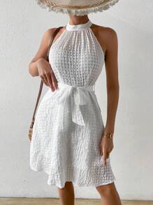 Breezaya 純色紋理馬蹄領夏季腰帶連衣裙