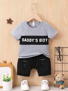 Conjunto de camiseta de manga corta y pantalones cortos para bebé niño en verano, casual y con estampado de letras