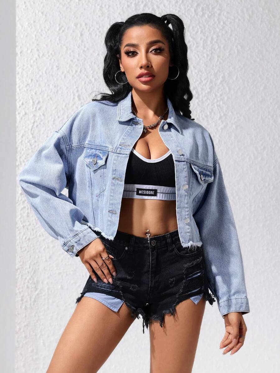 SHEIN Essnce Women Fashionable Short Denim Jacket, Versatile And - Light Wash - View 1