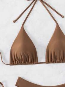 Swim Basics Women Summer Beach Solid Halter Neck 3-Piece Bikini Set Bathing Suit