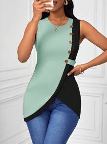 SHEIN Lady Women Color-Block Button Decorated Sleeveless Blouse - Mint Green - View 1