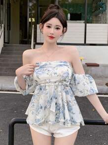 DAZY Blouse à manches courtes pour femmes avec imprimé floral, épaules dénudées, taille cintrée et manches bouffantes, tenue de croisière pour femmes, top babydoll à volants, Top épaules dénudées