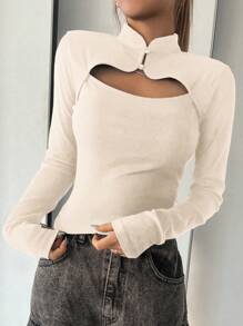 DAZY Cheongsam Collar & Stand Collar Hollow Out Patchwork Slim Fit Long Sleeve Women T-Shirt - Apricot - View 4