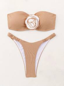SHEIN Swim Summer Women Holiday 3D Flower Decoration Bandeau Bikini Set With Separated Swimwear - Apricot - View 4