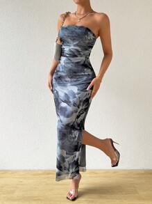 Chiquease Đầm bodycon xếp ly in hoa mùa hè cho nữ - Xám - Xem 3