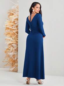 Modelyn Women Solid Color Drawstring Pleated Halter Neck Dress Long Evening Dresses - Royal Blue - View 2