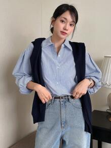 DAZY 休闲商务风格条纹女式长袖落肩衬衫，秋季女装