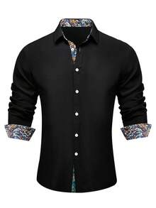 Men Spring Patchwork Pattern Long Sleeve Casual Shirt - Black - View 3