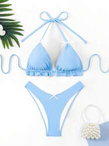 SHEIN Swim 女士純色綁頸連帽平口兩件式比基尼套裝（無加壓設計） - 藍色 - 查看 3
