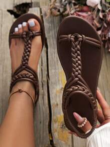 2024 New Summer Women  Deep Brown Woven Braided Strappy Beach Flat Sandals