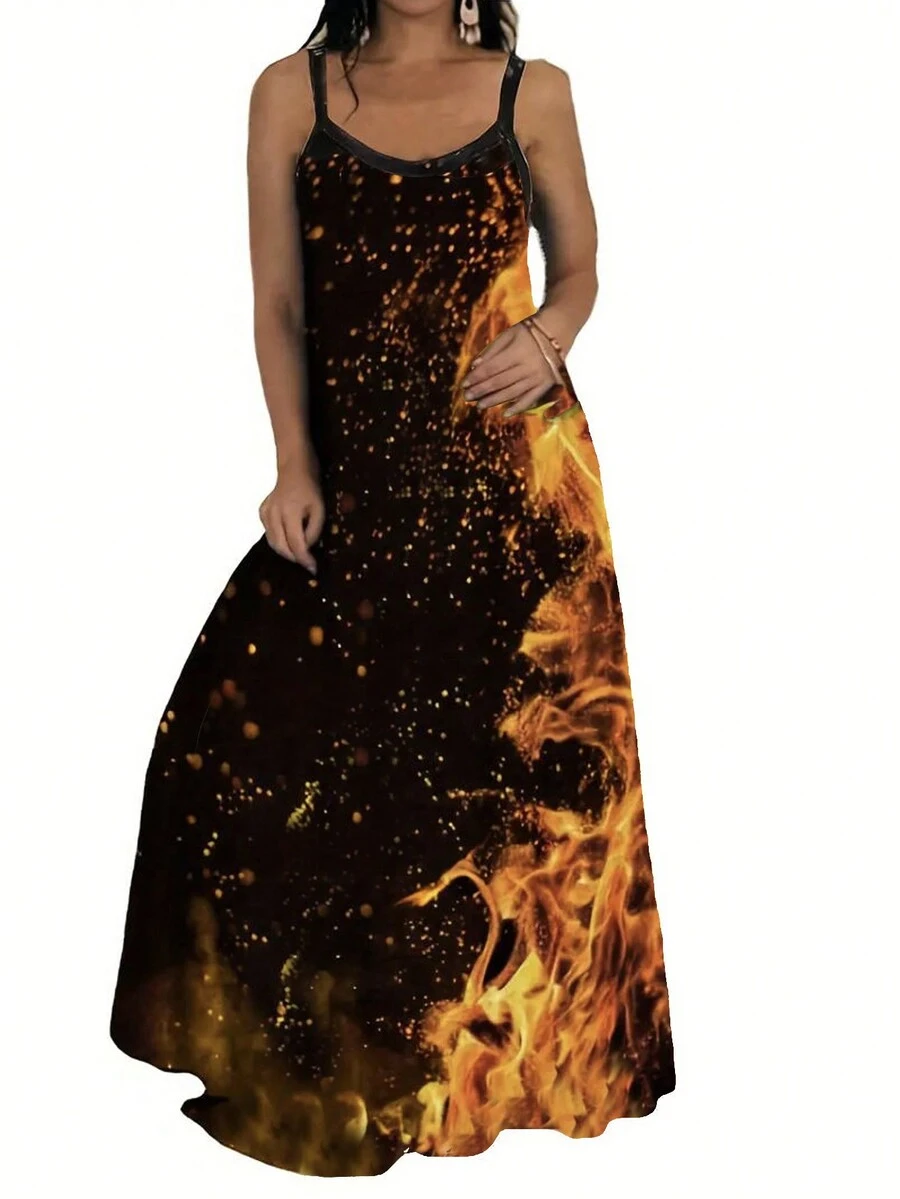 Plus Size Flame Printed Extra Long Cami Dress - Multicolor - View 1