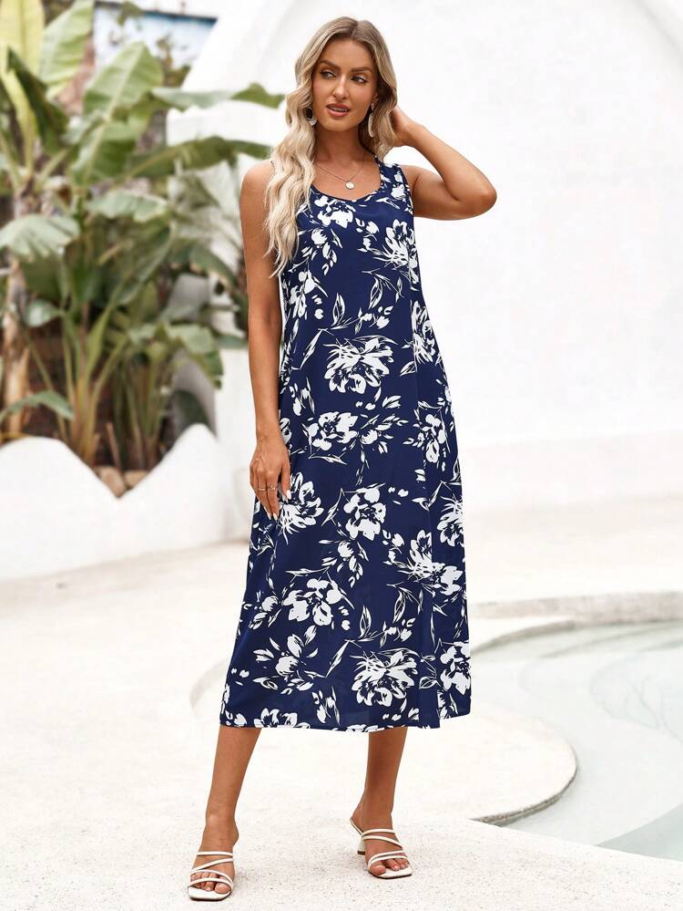 Women's Summer Botanical Print Round Neck Sleeveless Dress