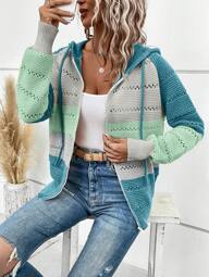 EMERY ROSE Damski Patchwork Robić na Drutach Z Kapturem Rozpinane Swetry