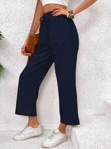 女士舒适轻盈混纺直筒裤，带抽绳和口袋 - 藏蓝色 - 查看 3