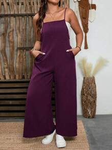 EMERY ROSE Plus Size Textured Fabric Square Collar Casual Jumpsuit