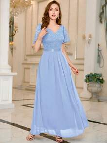 MIUSOL Contrast Sequin Lace Heart Neckline Ruffle Sleeve Evening Party Maxi Dress - Baby Blue - View 5