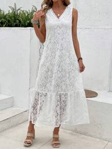 EMERY ROSE Letnia koronkowa sukienka bez rękawów z falbaną
