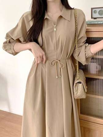 欧美时尚女装法式简约半身裙女翻领系带收腰显瘦纯色全休闲chic七分袖秋季女装中长款连衣裙