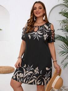 SHEIN VCAY Vestido holgado de verano casual con estampado botánico, hombros descubiertos y cuello con abertura para talla grande