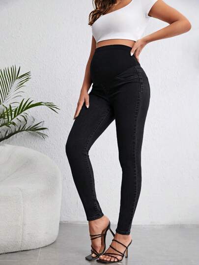 SHEIN Pregnant Women Solid Color Simple Daily Denim Pants For Maternity Jeans