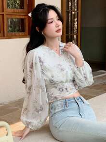 DAZY 花卉印花優雅浪漫燈籠袖短款襯衫 - 紫羅蘭色 - 查看 5